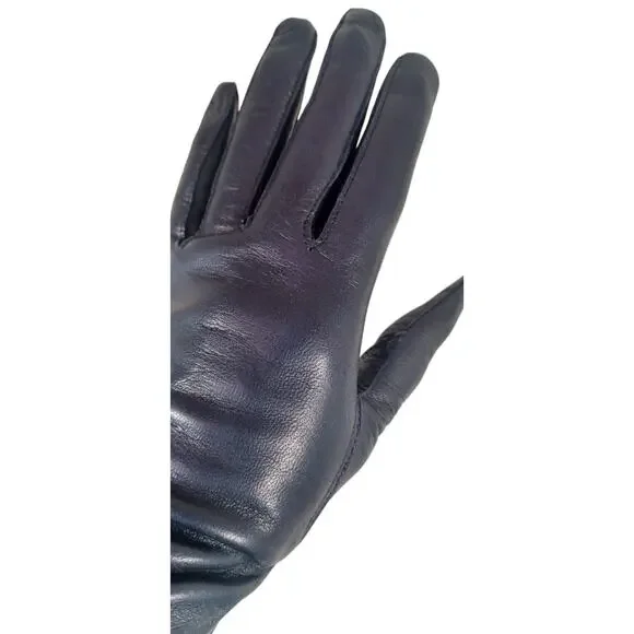 Vintage Made in Italy Dark Blue Leather Gloves with 100% Silk Lining, Size 7 - Picture 5 of 9